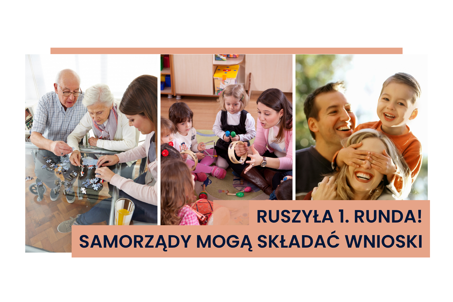 Kolaż trzech zdjęć. Pierwsze przedstawiające grupę seniorów razem nad układanką przy stole, z kilkoma elementami rozrzuconymi na szklanej powierzchni. Drugie przedstawia dzieci i modą kobietę siedzących na kolorowej podłodze pokoju zabaw. Trzecie zdjęcie przedstawia rodzinę.